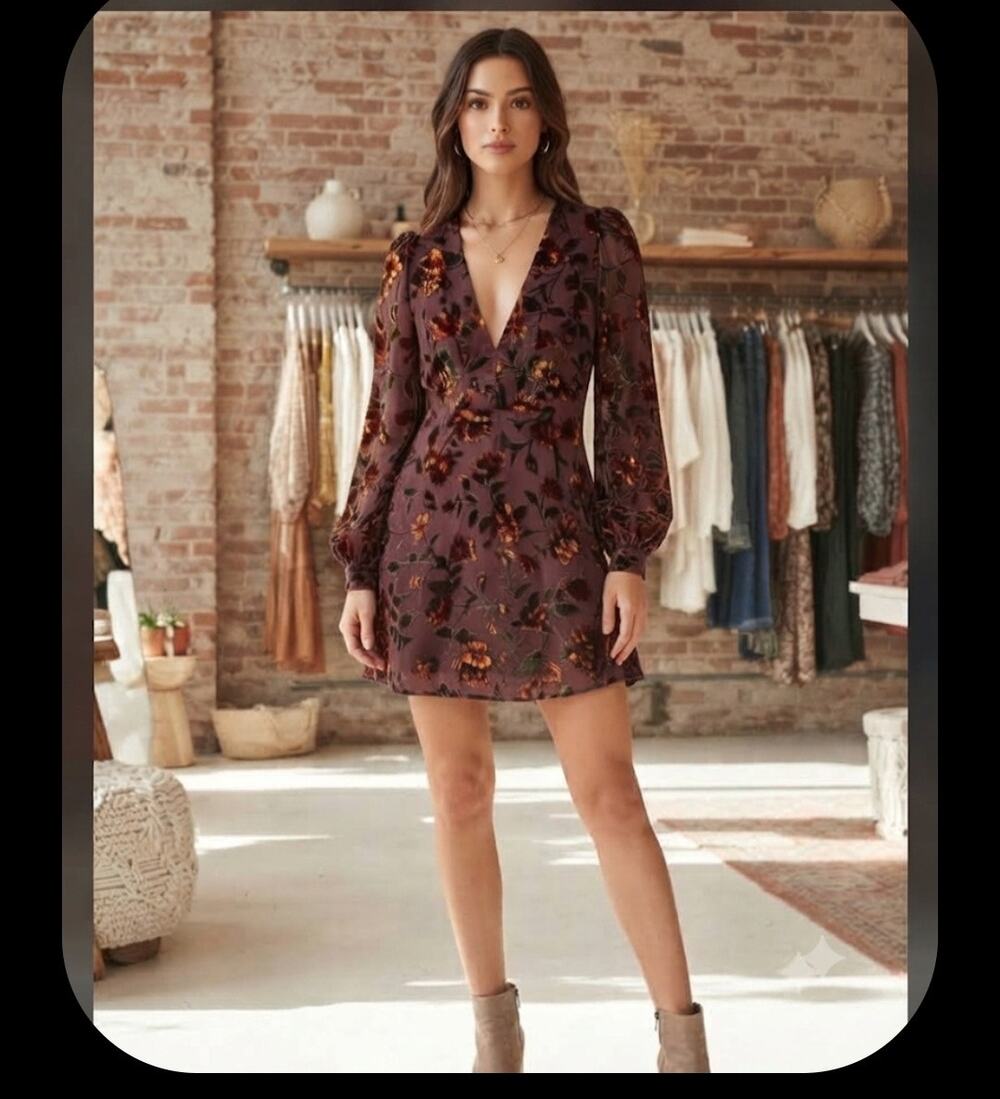 ASTR Women’s Purple Multicolor Floral Velvet V-Neck Long Sleeve Mini Dress M